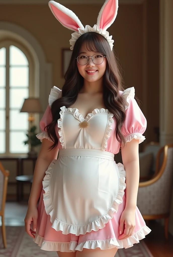 hot realistic, Highest quality, Ultra-high resolution, RAW photo, realistic, Bright lighting, face light, Smooth Professional Lighting, 1 Female, 20-year-old, Beautiful Japanese Women, Japanese idol super beauty, Realistic Skin, Realistic Skin, Real eyes and faces, Perfect plus-size model physique:1.4, Beautiful Eyes, Big eyes, Inconspicuous Tear Bags, (((Glasses))), glossy pink lips, Huge breasts:1.8, very good, Natural Makeup, plump fingers, Plump hands, Very long hair, Brown Hair, brown eyes, seems to be happy, (Both ears are covered by hair), fat girl, A photo of a bunny girl wearing a maid outfit, The character is wearing a bunny girl outfit, an adaptation of the classic maid outfit., A black and white maid outfit adorned with frills and ribbons, With rabbit ears and a tail, The background is a room in a classic Western-style mansion., The overall scene has a cute and elegant atmosphere.