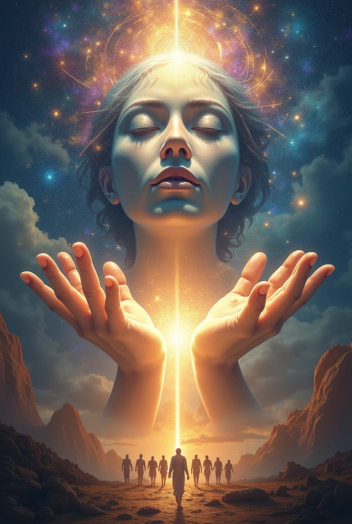 Face of God extends hands to humanity with eyes of light and galaxies observing humanity humanity walking towards God in lines of time and space planet earth rays thunder universe planets galaxies stars of light mandalas