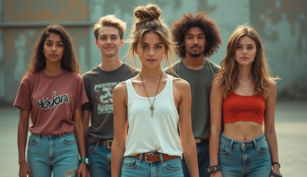 Photo of a age girl in skater fashion and her male and female friends. Everyone is wearing a tank top