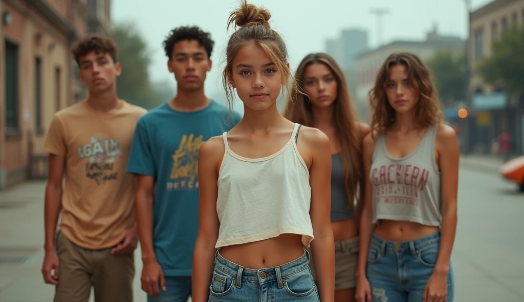 Photo of a girl in skater fashion and her male and female friends. Everyone is wearing a tank top