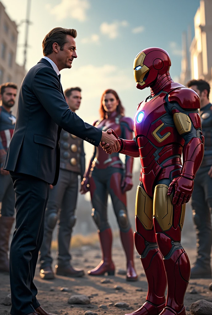 tony stark handshake with iron man with all avengers standing in background