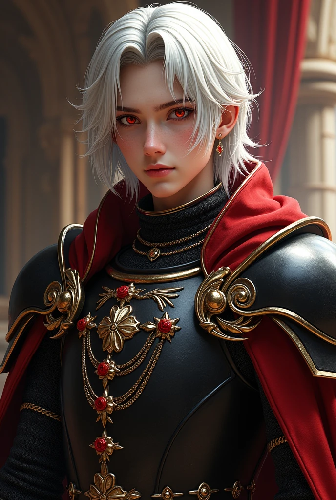 Fait moi un chevalier sans casque avec une grosse armure possédant beaucoup de petits détails , ornés de doré et possèdant un tissus rouges . Avec un emblème de 3 roses enchaînés sur le torse Nous pouvons voir son visage, il a des traits fins, a 21ans, possède un regard perçant avec des yeux rouges, et de cheveux mi long blancs.
