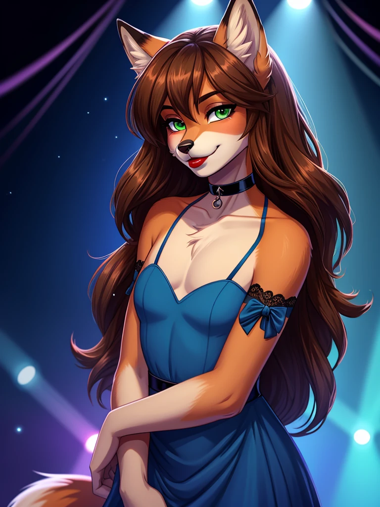 Best quality, furry male fox with green eyes, with brown long hair, with black spout, with red lipstick on lips, big lips, in a blue dress, crossdressing, shy, choker on the neck, bare chest, flirts, sexy pose, portrait, against the backdrop of an empty nightclub
