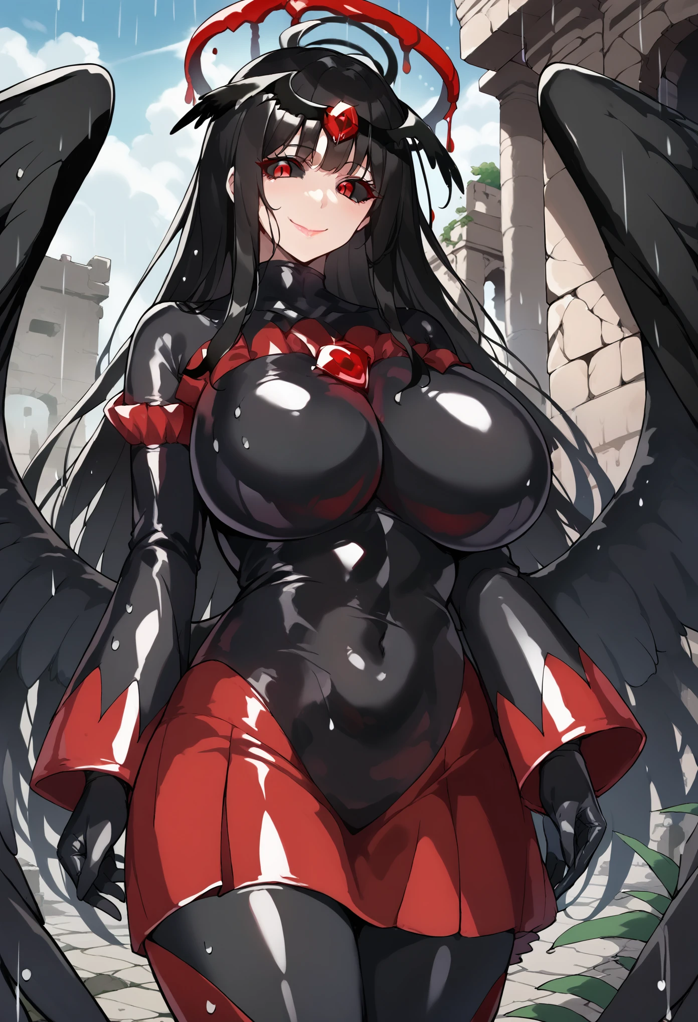 masterpiece, score_9, score_8_up, score_7_up, source_anime, best quality, extremely detailed, 1girl, milf, solo, corrupted, tsurugi, (huge breasts:1.2), ((((black hair), long hair, black sclera, red eyes, halo, large feathered wings, black wings, low wings))), red lips, (((black badend-bodysuit, badend-tiara, red frills, red skirt, red gem, latex bodysuit))), ((yandere, evil smile), closed mouth), ((outdoor, ancient ruins, raining))