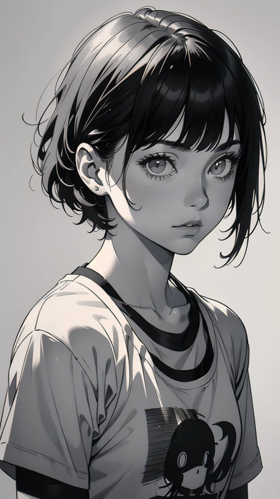 1 boyish girl, solo, sharp eyes, monochrome, greyscale, short black hair, portrait, white T-shirt, closed mouth, looking at viewer, graphite \(medium\), detailed lips, hatching \(texture\), without makeup, bangs, upper body, (best illustration), (best quality), (very detailed), (masterpiece), expressionless,