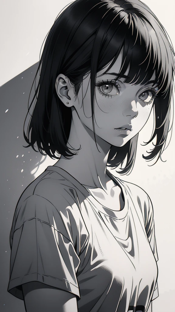 1 boyish girl, solo, sharp eyes, monochrome, greyscale, short black hair, portrait, white T-shirt, closed mouth, looking at viewer, graphite \(medium\), detailed lips, hatching \(texture\), without makeup, bangs, upper body, (best illustration), (best quality), (very detailed), (masterpiece), expressionless,