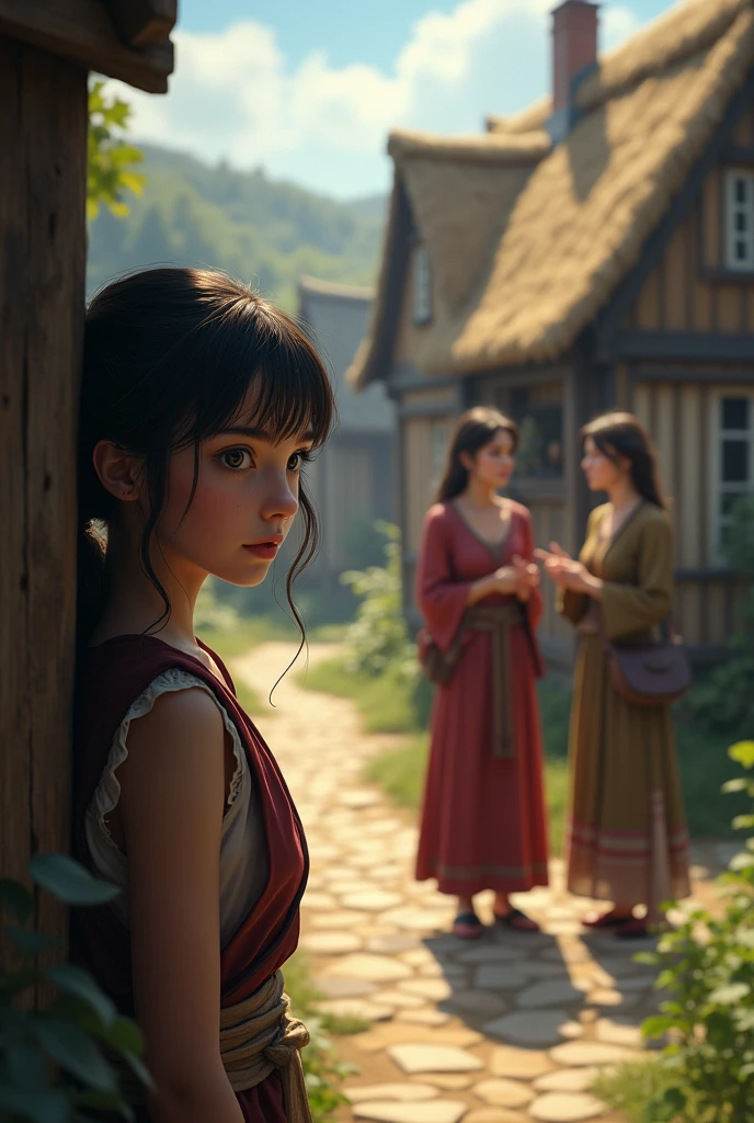 A young woman eavesdrops on villagers talking.