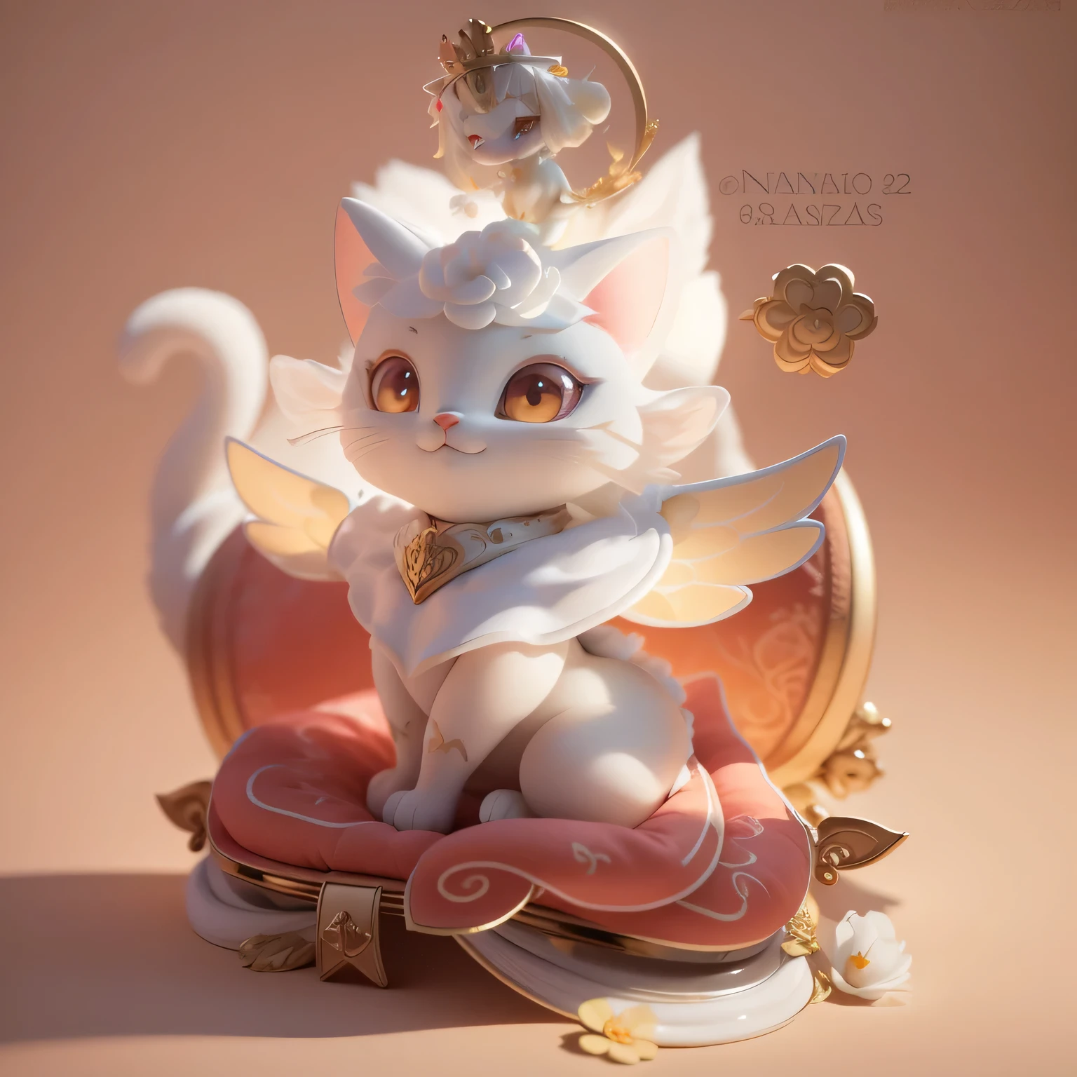 One wears a crown on his head,cartoon cat with wings,Small animals, A cute little flower cat,, mascot, Means to become rich sitting on a red cushion, Dressed in gorgeous costumes, Smile, HD anime style digital art, Blind Box, Pop Mart, handicraft, Detailed digital 2D fantasy art, 8k high quality detailed art, Detailed digital anime art, Porcelain texture, High Detail, precise, High Detail, precise, High Detail, precise, High Detail, precise, High Detail, precise