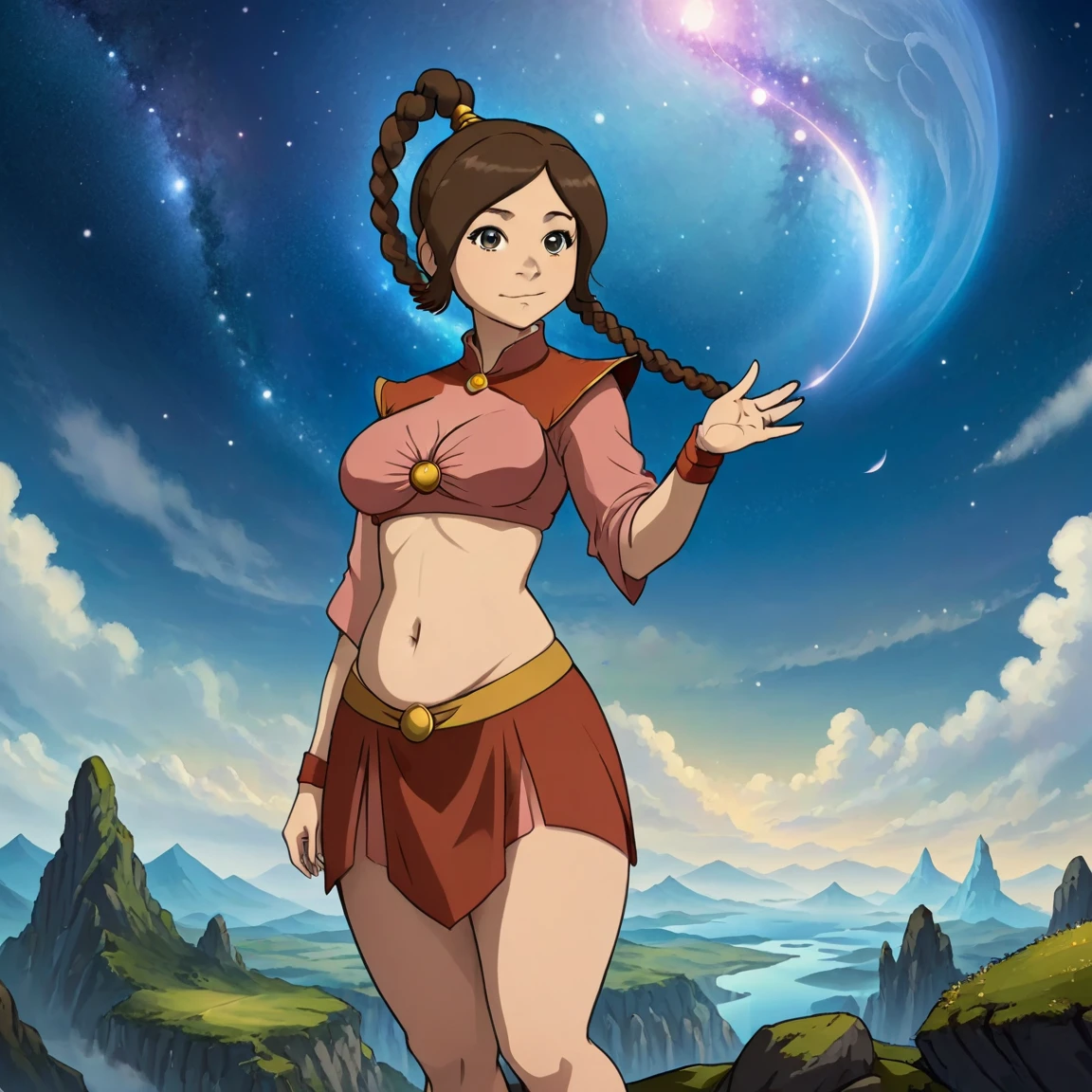 ethereal fantasy concept art of   ,looking at the viewer, stands apart, no other people, ((belly stuffed)), ((huge belly)), ((Very drunk)), ((staggers)), (tight clothes) ,tylee, 1girl,  1 braid,  2d, full body,   . celestial, fantasy art,