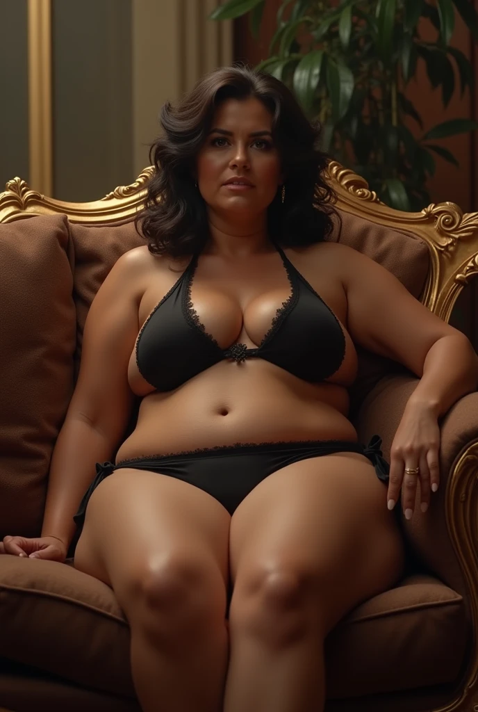 A hot 40 years old chubby woman lying on a sofa which is full of man . She wore hot bikini and looking sluty and desperate