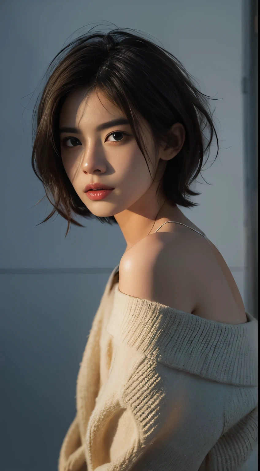 Best quality, masterpiece, ultra high res, (photorealistic:1.5), raw photo, 1girl, offshoulder, deep shadow, cold light, sexy look, short hair, wearing shorts