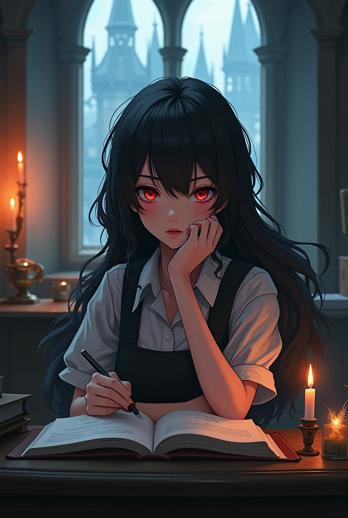 She looks cute on the outside but is very cold on the inside. She dresses conservatively but is a bit sexy. Her eyes are dark red, clearly showing a scary look, her hair is loose and long, curly, she looks like an anime. The background behind her resembles gothic architecture, She is reading and studying
