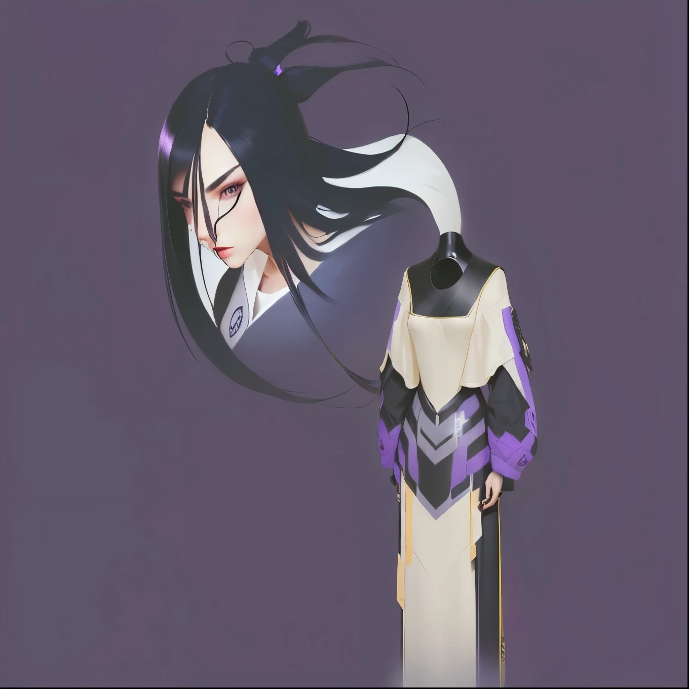 girl character with long black hair and beauty face and purple dress and long neck, realistic
