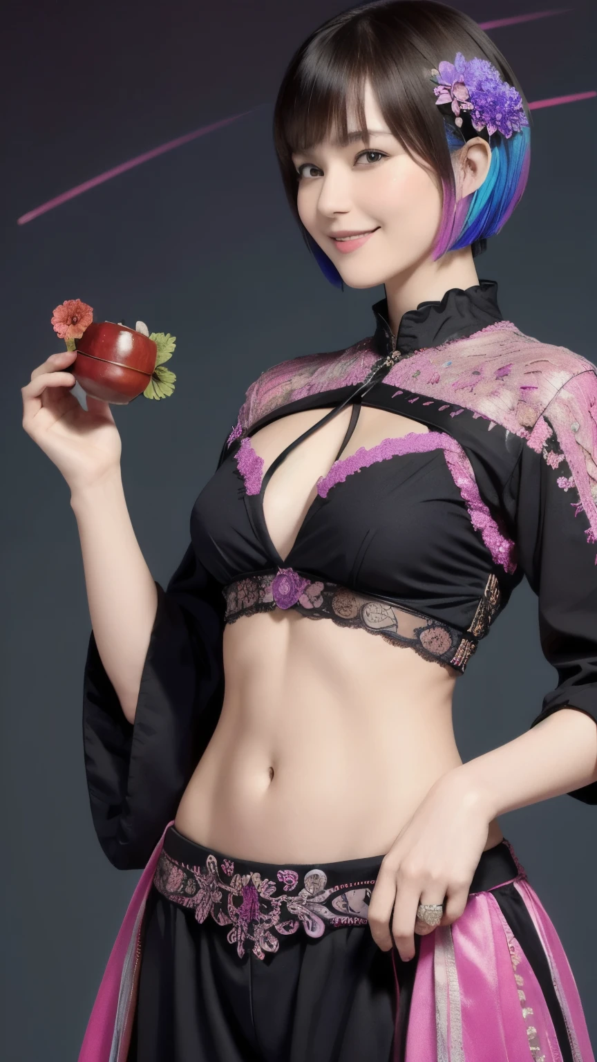 276 (20-year-old woman and man,short hair), Are standing, (beautiful:1.1), (Fractal Art:1.2), (Advanced backgrounds), (Many colors:1.4), (Old-fashioned smile), Abdominal muscles, flower