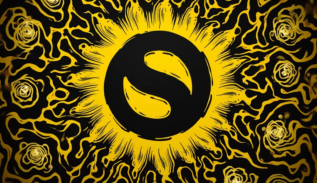 create a sketch of a flag for a college team, in the style of a danger sign, must be yellow and black, with space to place the athletic logo, must have the psychedelic style