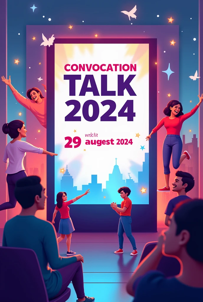 A horizontal poster for "Convocation Talk 2024" depicting screen in the background with "Convocation Talk 2024" written on it with details of date "29 August 2024". Animated young adults standing in the background