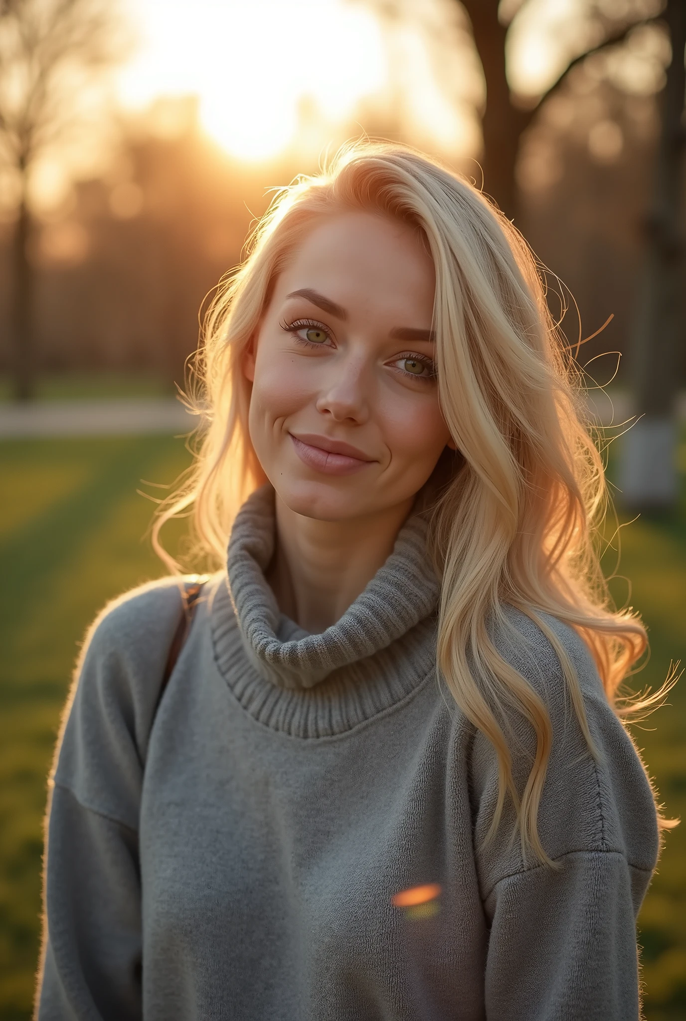 blonde ukrainian woman 30 years old in grey wool pull over and black pants, walking in a park, end of day, flirting with camera, light smile, front shot, 85mm, Nikon, UHD, masterpiece, anatomically correct, textured skin, super detail, award winning, best quality, high details, 16k, lens flare
