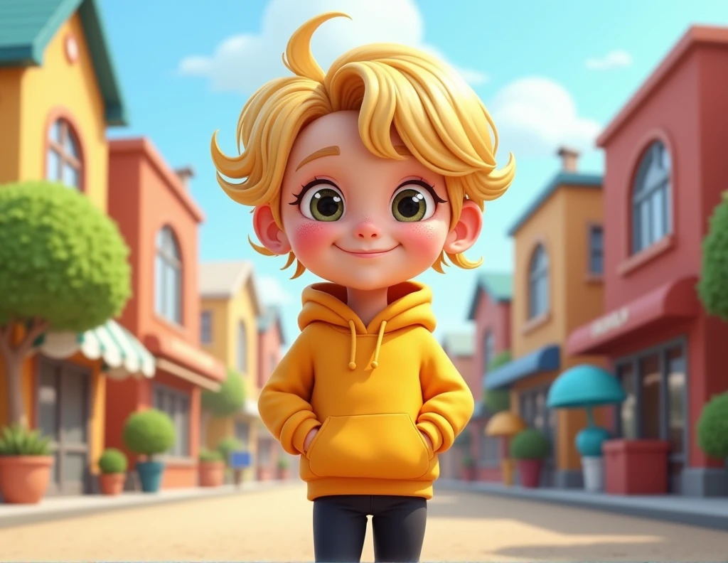 Cartoon character of a  girl, short blonde hair,rolled up.with black pants and a yellow sweatshirt