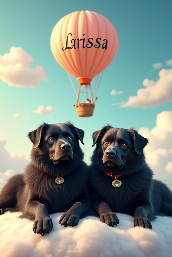 2 big black fluffy male dogs on a fluffy cloud , one of the dogs with the name Charlie on the collar , and the other with the name Francisco on the collar . On top of the dogs is a balloon with the name Larissa written in fancy letters.