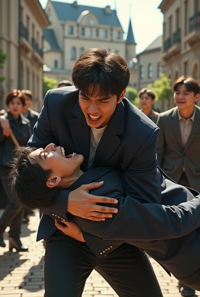 (photorealism:1.2), Jungkook of bts full of anger on top of taehyung of bts hitting him in a fight at a university