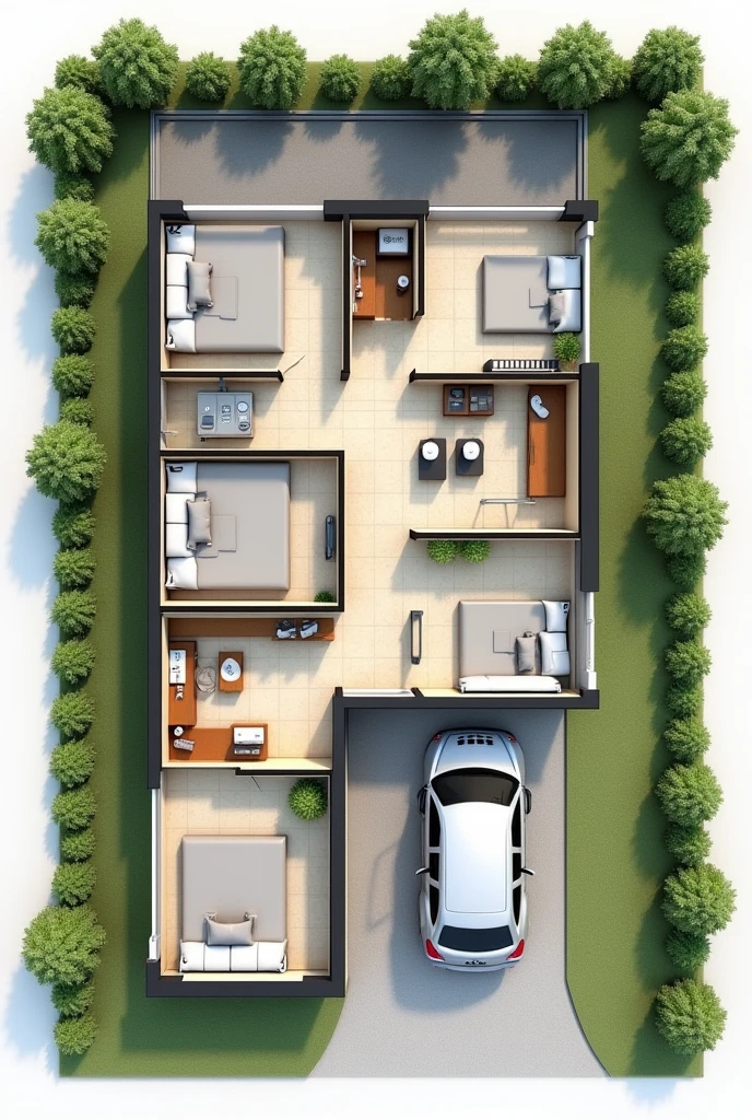 Make a map 3 bedroom with car parking. and citchen common wathroom. And good ventilation.