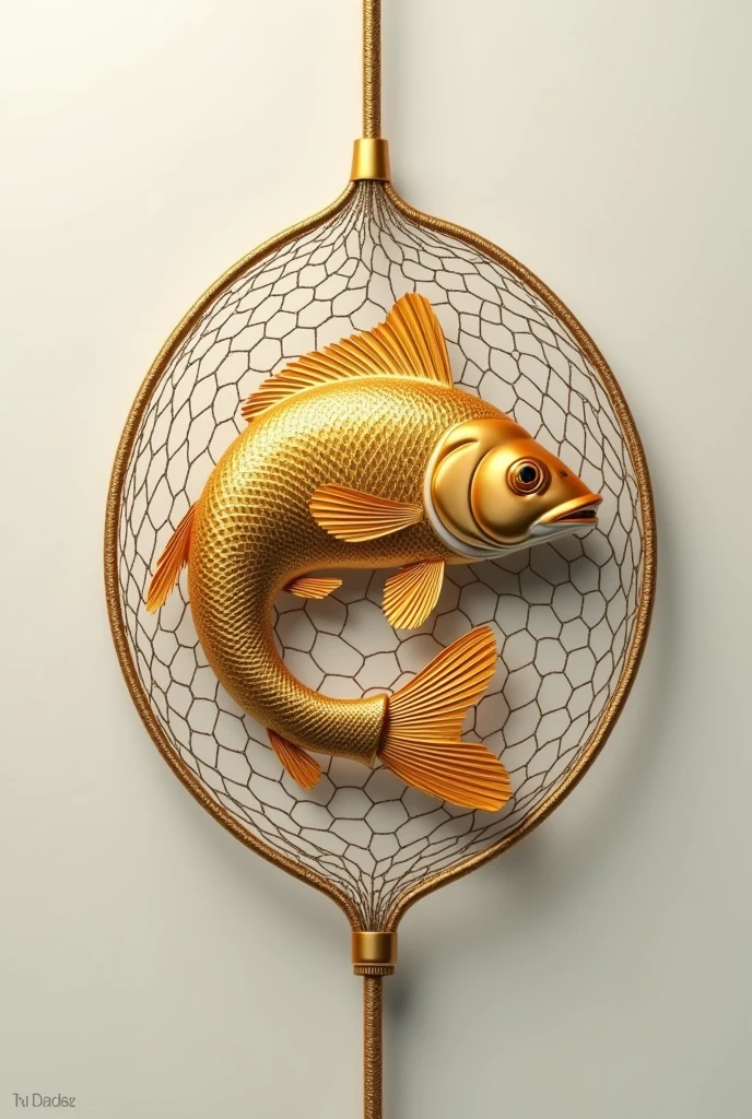 Golden fish caught inside a net . Compliment it with as a logo with the name DMnet