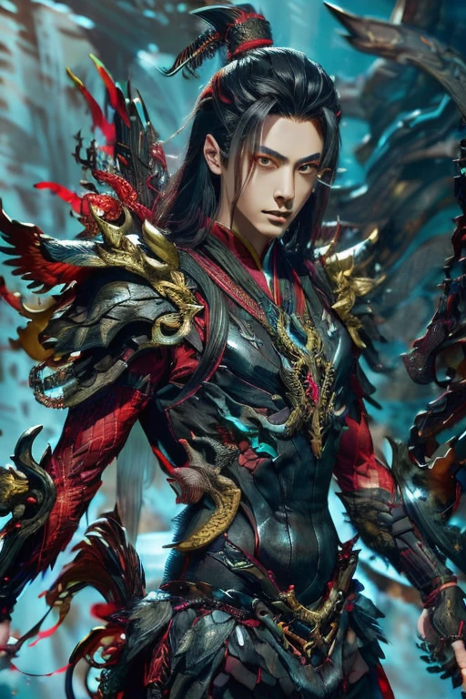 Handsome young xianxia protagonist,alpha male face,handsome, otherworldly beauty,perfect proportion face,no light interfention,turn right face perspective ,man,guy,long black obsidian hair,black red phoenix tail, use floating phoenix crown,Crimson red eyes ,eyes focus detailed((no noice)),(((no noice))),and long black hair ,(no noice)),use armour featuring like pattern on taotie chinese divine beast((search image for taotie chinese beastiary))with black dominant color,pauldron protective shape like dragon head,breastplate featuring like Tao tie,breastplate detailed featuring taotie shape,shoulder protective dragon shape like taotie,sun and moon background, black dominant color,black dominant color, black dominant color armour,with majestic silver line , ((no noice))And demonic red wings at back,wings at back,terrifying aura around,24K ultra hd,face and eyes detail,lips and face detail,masterpiece ,better quality,ultraa realistic face((no noice)),good face proportion,non noice face,reality face,eyes detailed,((perfect face)),perfect eyes ,perfect lips proportion((balance lips)),perfect face proportion,((balance proportion of face)),((balance and perfect left and right eyes proportion)),((masterpiece))