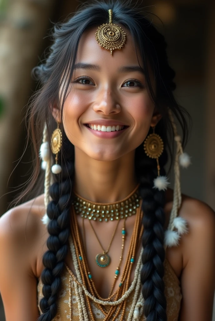 A girl, long braids, Indian girl, close-up, slightly raised head, smile, bust photo, upper body, appearance Yang transcendence, gorgeous Tibetan costume, cumbersome Tibetan necklace, cumbersome Tibetan headdress, fluff on clothes, white animal flull, real person CG, sweet style, film style, HD 4K