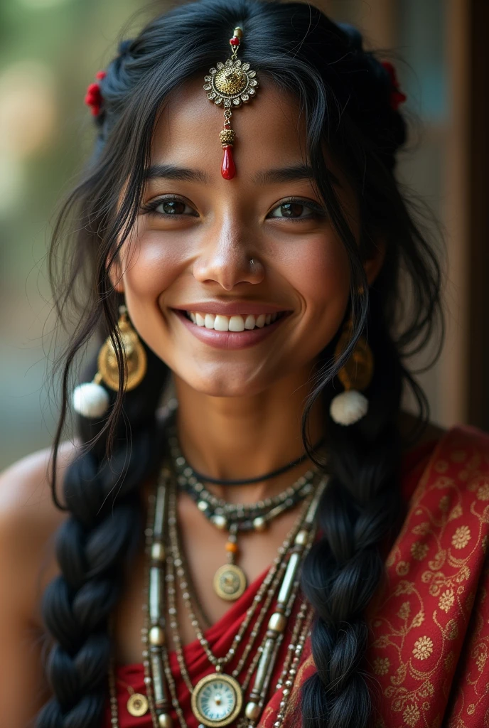 A girl, long braids, Indian girl, close-up, slightly raised head, smile, bust photo, upper body, appearance Yang transcendence, gorgeous Tibetan costume, cumbersome Tibetan necklace, cumbersome Tibetan headdress, fluff on clothes, white animal flull, real person CG, sweet style, film style, HD 4K