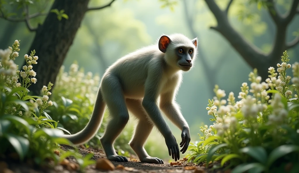 There is a wild beast in the osmanthus forest,It looks like a monkey but has white ears.,walk like a human(best quality,4K,8k,High level,masterpiece:1.2),Ultra Detailed,(lifelike,Photo real,Photo real:1.37)