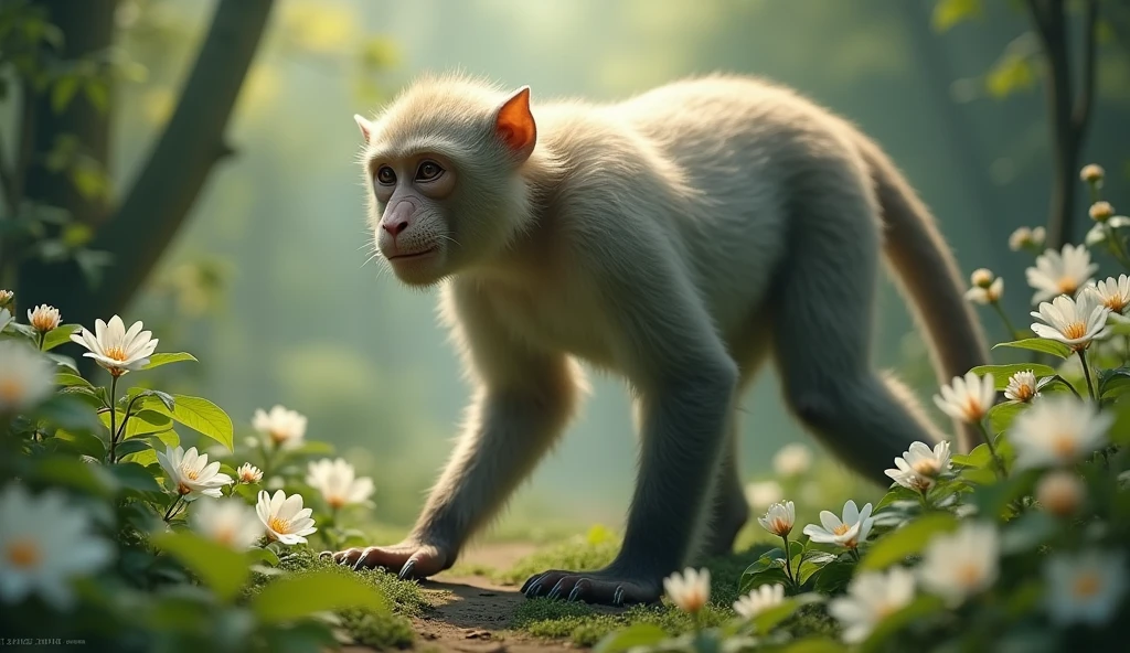There is a wild beast in the osmanthus forest,It looks like a monkey but has white ears.,walk like a human(best quality,4K,8k,High level,masterpiece:1.2),Ultra Detailed,(lifelike,Photo real,Photo real:1.37)