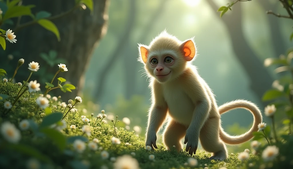 There is a wild beast in the osmanthus forest，It looks like a monkey but has white ears.，walk like a human（best quality，4K，8k，High level，masterpiece：1.2），Ultra Detailed，（lifelike，Photo real，Photo real：1.37）