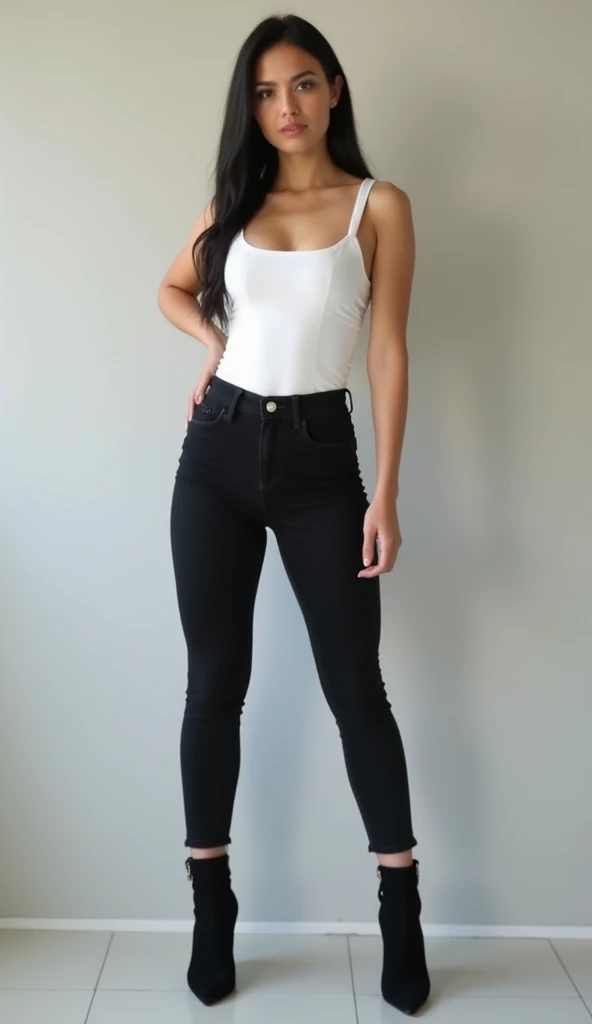 young woman using a white sleeveless top. black tight pants. black suede heeled booties. Instagram style photo, detailed face, UHD, front view. full body shot. light skin. sexy. medium height. thick legs. High quality. High LOD. black straight hair. office. realistic. Athletic body