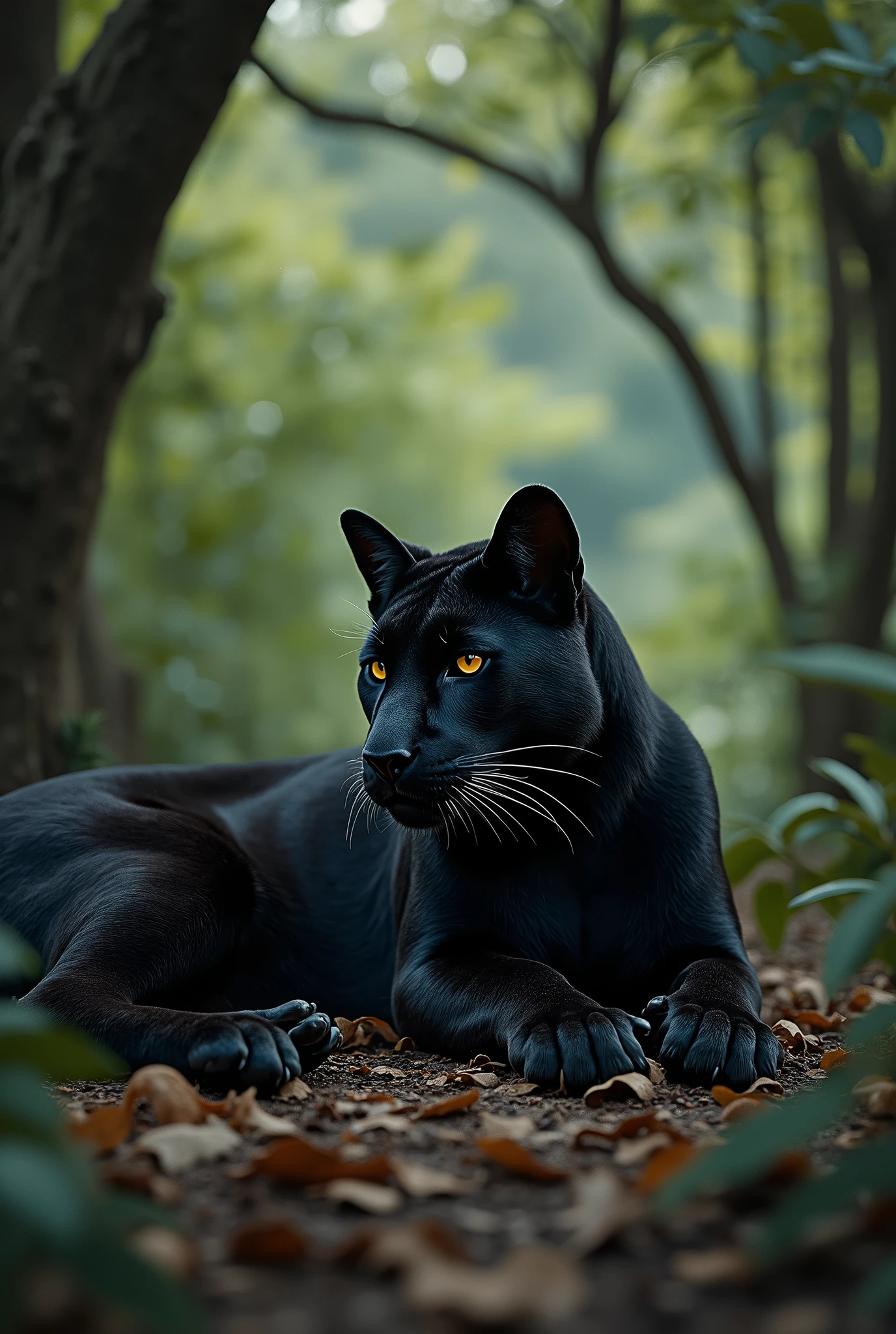 Black puma in jungle, lying on ground, relaxing