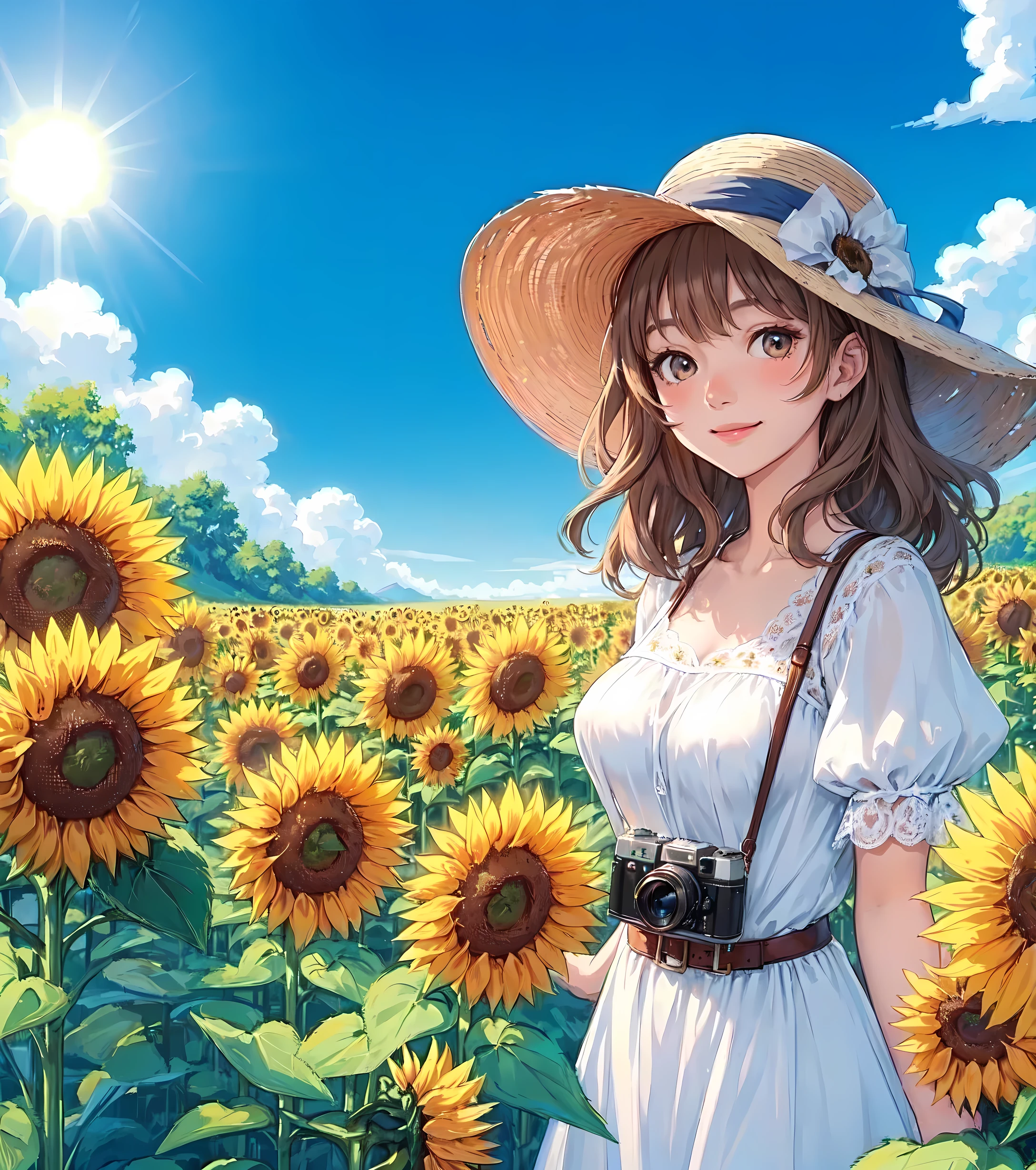 1lady standing, stylish outfit (refreshing attire), (sundress) (straw hat), (mature female:0.8), /(light brown hair/) bangs, blush kind smile, (masterpiece best quality:1.2) delicate illustration ultra-detailed, large breasts, (camera hanging from neck) BREAK (vibrant sunflower field) outdoors, blue sky, sunlight, detailed background