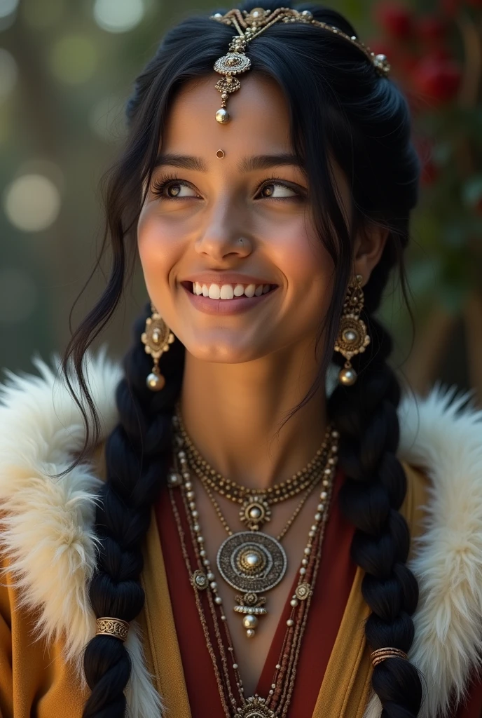 A girl, long braids, Indian girl, close-up, slightly raised head, smile, bust photo, upper body, appearance Yang transcendence, gorgeous Tibetan costume, cumbersome Tibetan necklace, cumbersome Tibetan headdress, fluff on clothes, white animal flull, real person CG, sweet style, film style, HD 4K