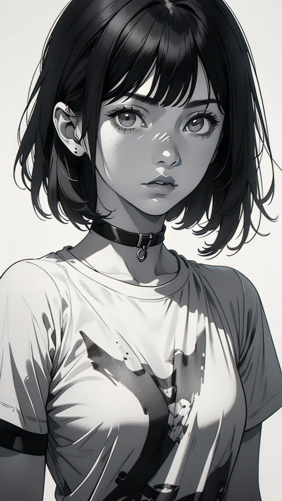 1 boyish girl, solo, sharp eyes, monochrome, greyscale, short black hair, portrait, white T-shirt, closed mouth, looking at viewer, graphite \(medium\), detailed lips, hatching \(texture\), without makeup, bangs, upper body, (best illustration), (best quality), (very detailed), (masterpiece), expressionless,