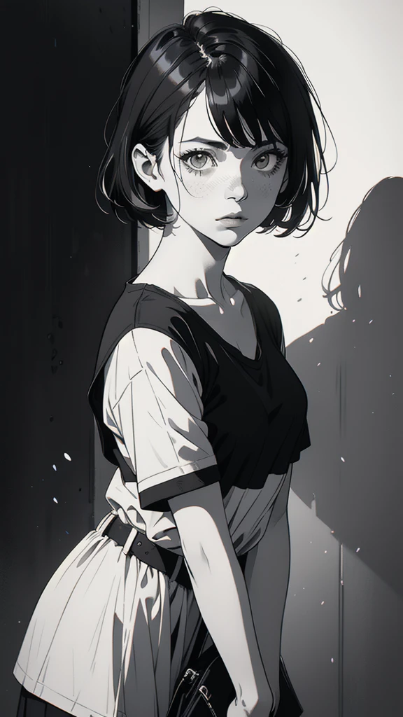 1 boyish girl, solo, sharp eyes, monochrome, greyscale, short black hair, portrait, white T-shirt, closed mouth, looking at viewer, graphite \(medium\), detailed lips, hatching \(texture\), without makeup, bangs, upper body, (best illustration), (best quality), (very detailed), (masterpiece), expressionless,