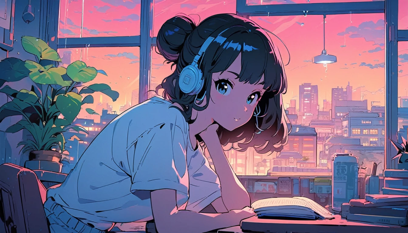 (extremely detailed CG unity 8k wallpaper), (best quality), (best illustration), (best shadow), realistic lighting, beautiful detailed reglow, masterpiece, best quality, lofi artstyle, lofi art, 80s anime style, Retro, Lo-Fi, Lofi Sensation, Portrait of Lofi, Lofi Colors, Lofi Vibes , Lofi atmosphere, Lofi hip hop,
1girl, solo, long hair, shirt, black hair, sitting, white shirt, short sleeves, shorts, indoors, hair bun, book, window, night, single hair bun, plant, t-shirt, building, rain, city, open book, bookshelf, potted plant, cityscape, book stack, wireless headphone
