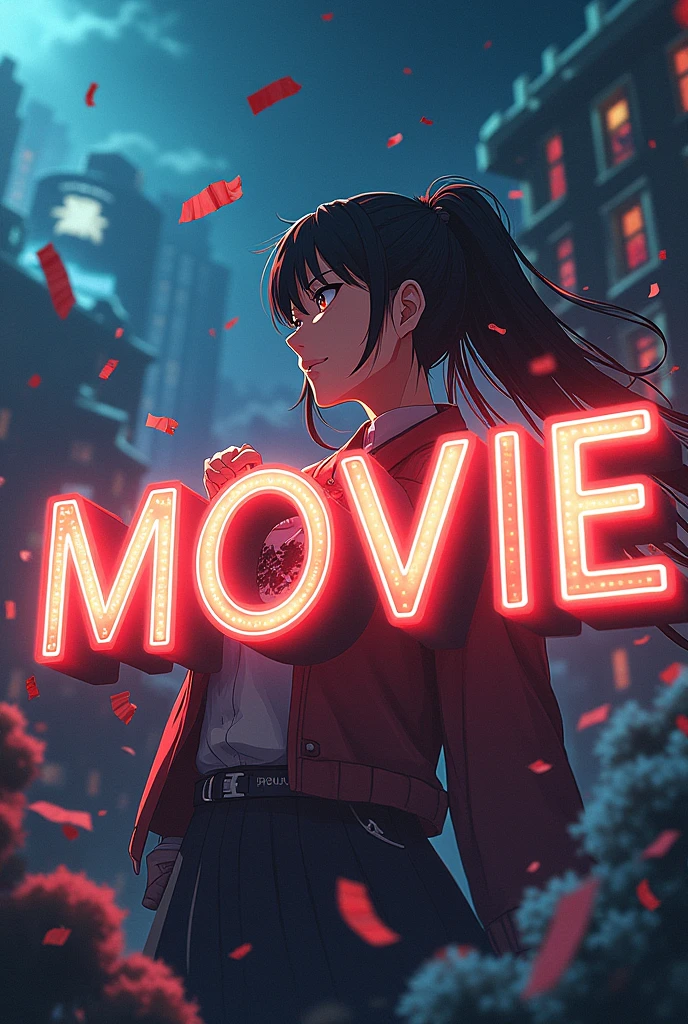 Create a photo that says Movie on it_Anime and inside the letters put an anime character like that but the name is Peli_Anime adds character from several animes