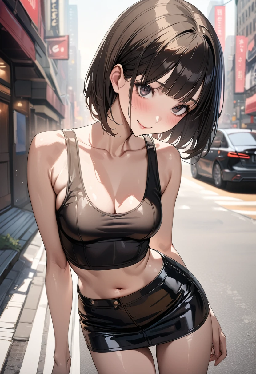 ((masterpiece,best quality anime,Highest quality:1.3)),realistic,portrait、upper body,1woman,(30 year old beauty),((very small head:1.4)),((very long body:1.4)),(short bob hair),black hair,(gorgeous big eyes),black eyes,smile,((slender body:1.4,skinny:1.3)),medium breasts(Punk Fashion、navel、Tank top,Black leather mini skirt),oily skin,gleaming skin,shiny skin,standing,on street,New York City、