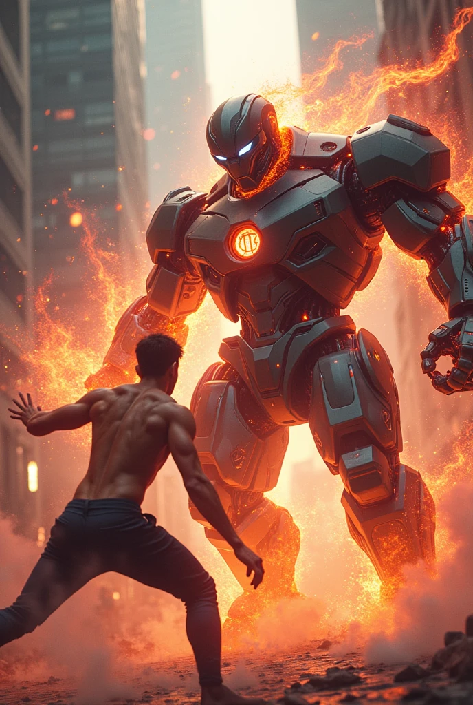 A 20 years old boy with cosmic power's and red fire and shirt less fighting with big i-tech modified machine in modern city