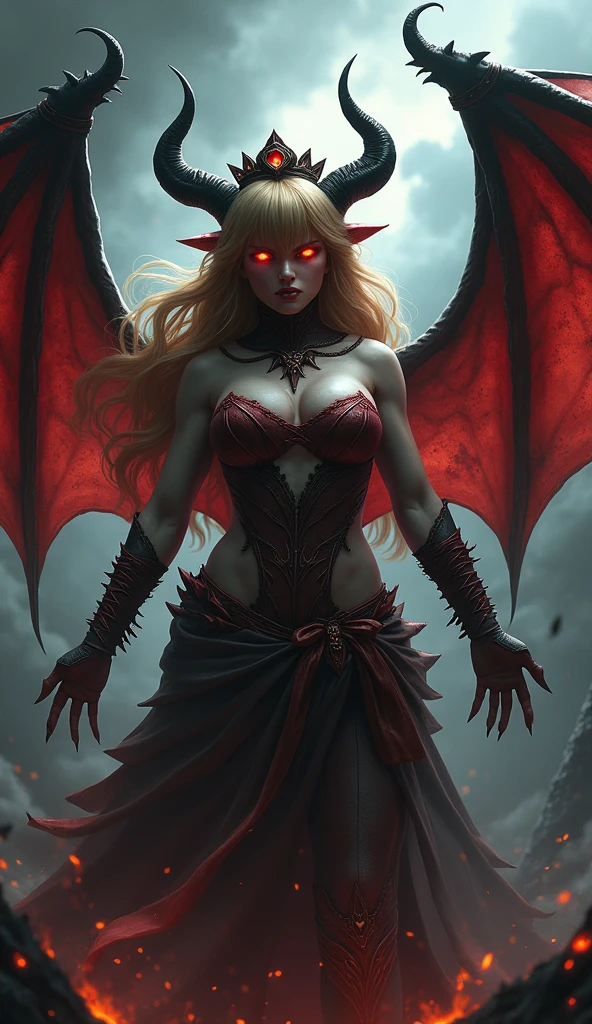 (ultra detailed)、Princess Peach、Evil Face、Red glowing eyes、muscle、horn、wing