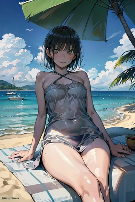 ruanyi0214,see-through,dress, ((best quality)), ((masterpiece)), (detailed), 1girl, sexly, ChinatsuKano, 
Realistic pubic hair,　High amount of pubic hair,　Thick pubic hair, embarrassed, seductive smile, drunken eyes,
Outdoor,wood,scenery,Chair,Beach,food,umbrella,palm tree,sand,null,Fruits Sea,table,water,  lounge chair, beach chair,plant,plant,dish,cloud,Shadow,Dazzling Light,
cup, shade,Bottle,beach umbrella,towel,bucket,boat,
(sitting), (raised leg invitation:1.2), (extreme close-up of thigh:1.5),  (The view is from very close below:1.5), Pushing hips forward, arms behind back,