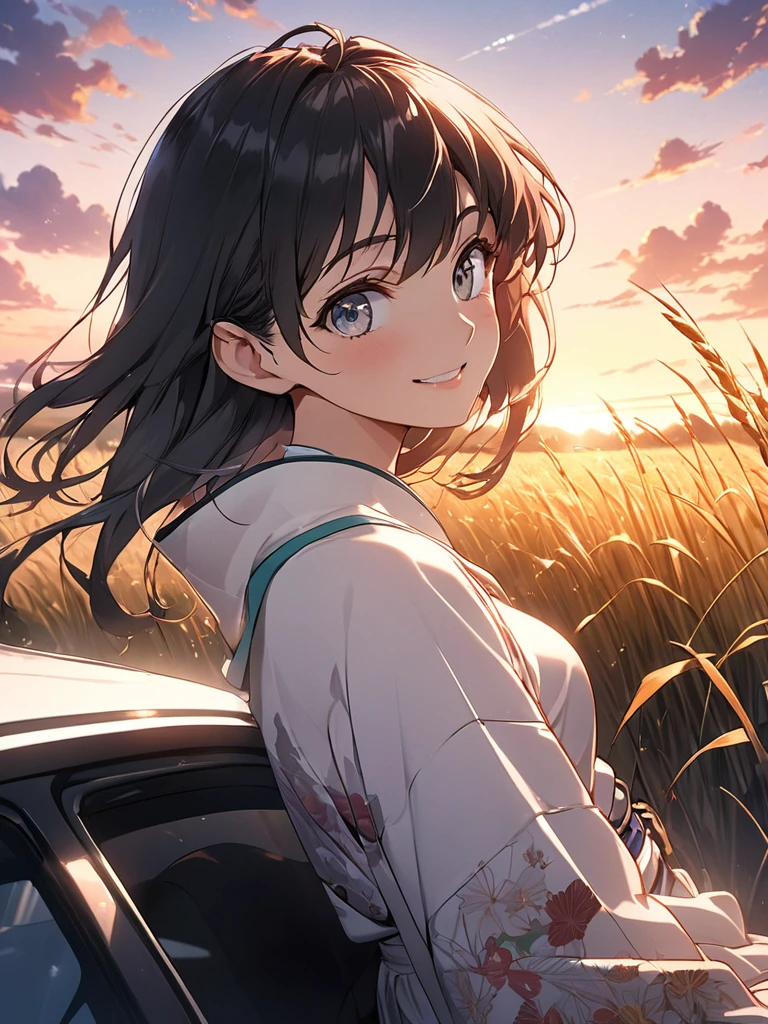 A girl, mitsuri from demon slayer series,(upper body: 1.8), attitude smiling, anime landscape of A pearl super sunny, Red classic 1993 BMW E30 318i sport sits in a field of tall grass with a sunset in the background.character must be sitting on the car, half pants, white sneakers,beautiful anime scene, beautiful anime peace scene, Makoto Shinkai Cyril Rolando, beautiful anime scene, amazing wallpaper, anime art wallpaper 8k, anime background, artistic anime background, anime wallpaper 4k, anime art 4k wallpaper, anime wallpaper art 4k,