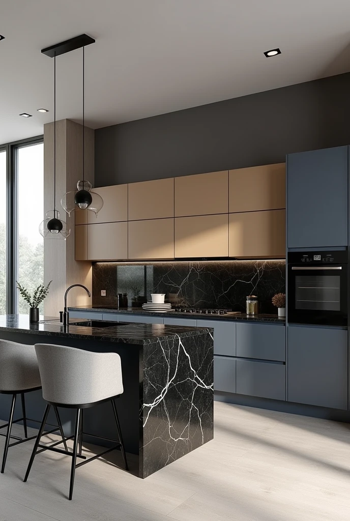 Professional 3d architecture rendering design of modern kitchen with   So dark blue vintage and dark beige  and dark gray  cabinets and  modern  so light  gray design chairs  shiny  black   marble island island and modern windows and complete showing kitchen and showing complete kitchen and modern windows and showing complete kitchen 