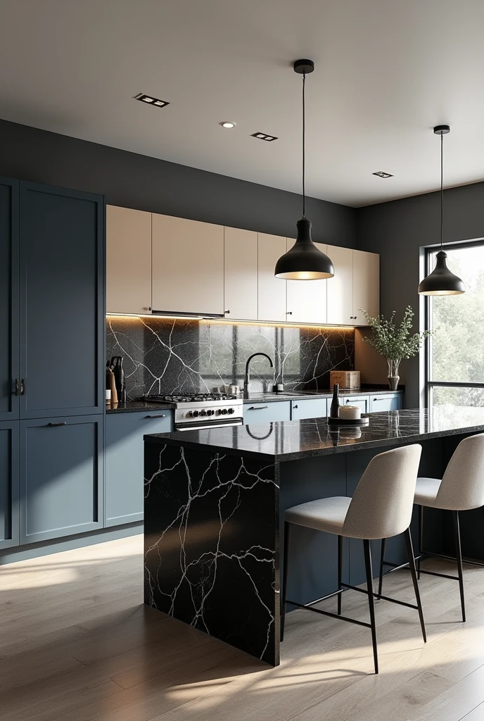 Professional 3d architecture rendering design of modern kitchen with So dark blue vintage and dark beige and dark gray cabinets and modern so light gray design chairs shiny black marble island island and modern windows and complete showing kitchen and showing complete kitchen and modern windows and showing complete kitchen