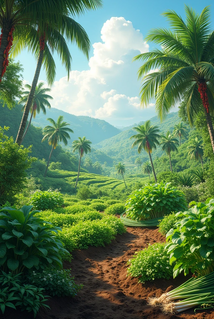 Farm with green onions galangal, chili peppers, pepper, kaffir lime, sugarcane, palm trees