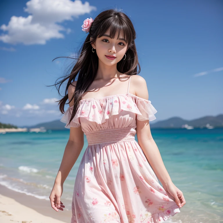 laughing out loud,travel scenery photos,Wear a sweet dress,Dress with pink flower pattern,Floral pattern scattered throughout the dress,Puff sleeves,Princess puff sleeves,Short sleeve,One-piece hem A-line skirt,(There is a layer of transparent mesh outside the skirt), Fluffy and lightweight dress,(The dress is made of mesh), There are pink ribbon bows on both sides of the collarbone.,A-line skirt with large hem,1 female, On the face, light brown hair, blunt bangs, hair behind ears, Shoulder-length hair, long hair, Slender body type, 超face slimming型, face slimming, delicate lips, beautiful eyes, Thin blush, Eyes are light brown,View here, (actual:1.3), One person's perspective, 8k, Super detailed, high quality, best quality, High resolution,2,above knee shot,Breast protrusion,Full breasts