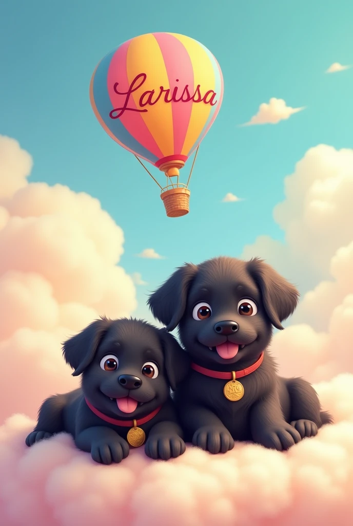 2 big black cute male dogs in cute cartoon style, on a fluffy cloud , one of the dogs named Charlie on the medal , and the other with the name Francisco on the collar . On top of the dogs is a balloon with the name Larissa written in fancy letters.